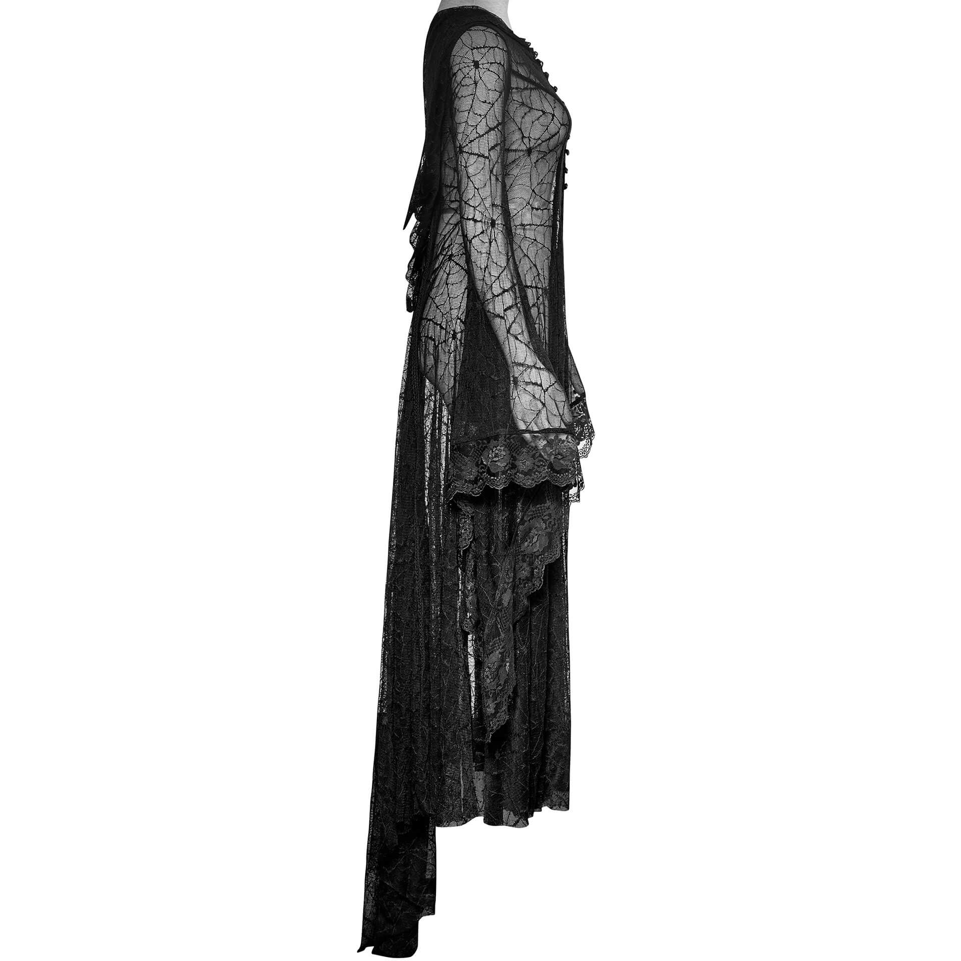 Black polyester women`s bell-sleeved lace robe with a hood