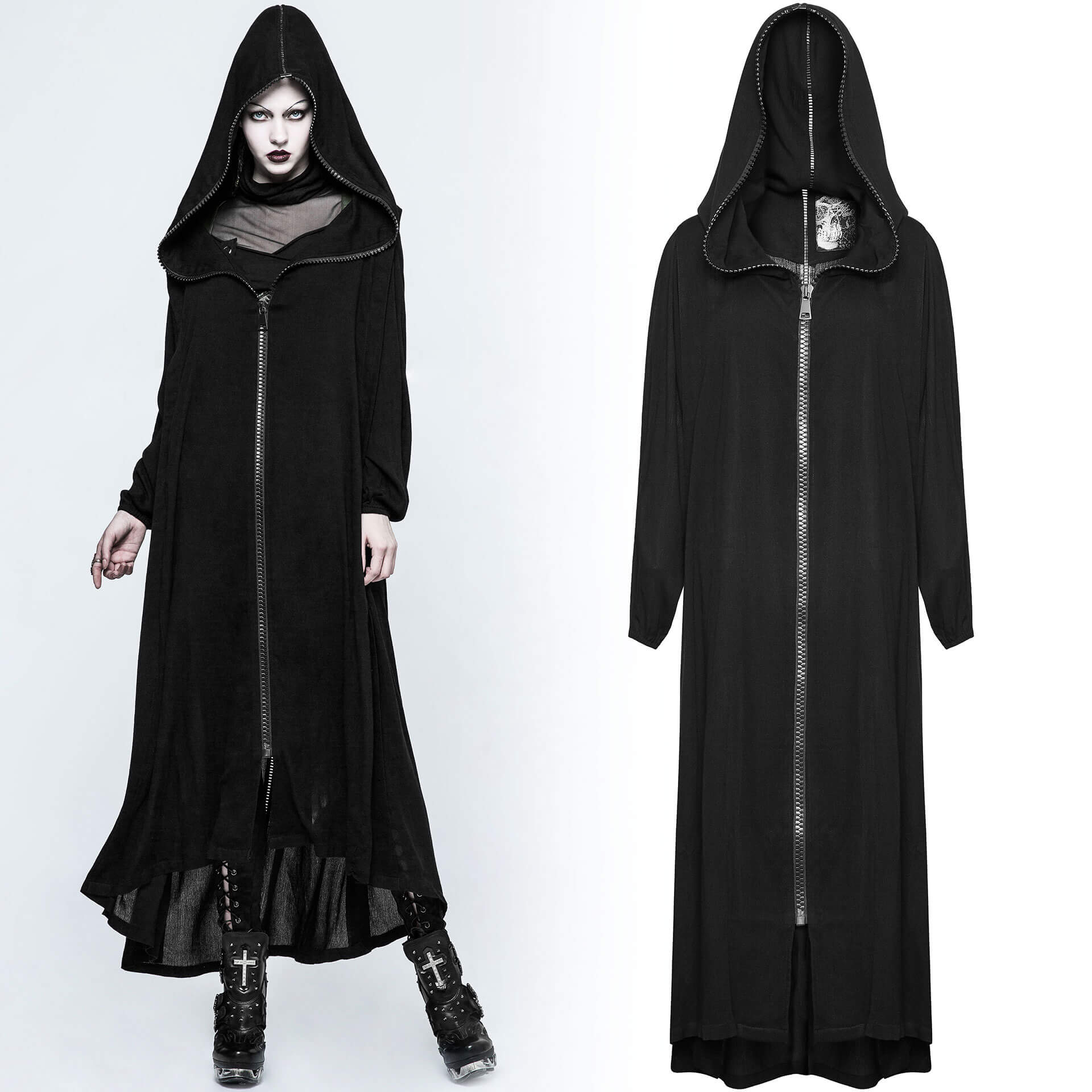 Black cotton women`s zippered robe with oversized hood by