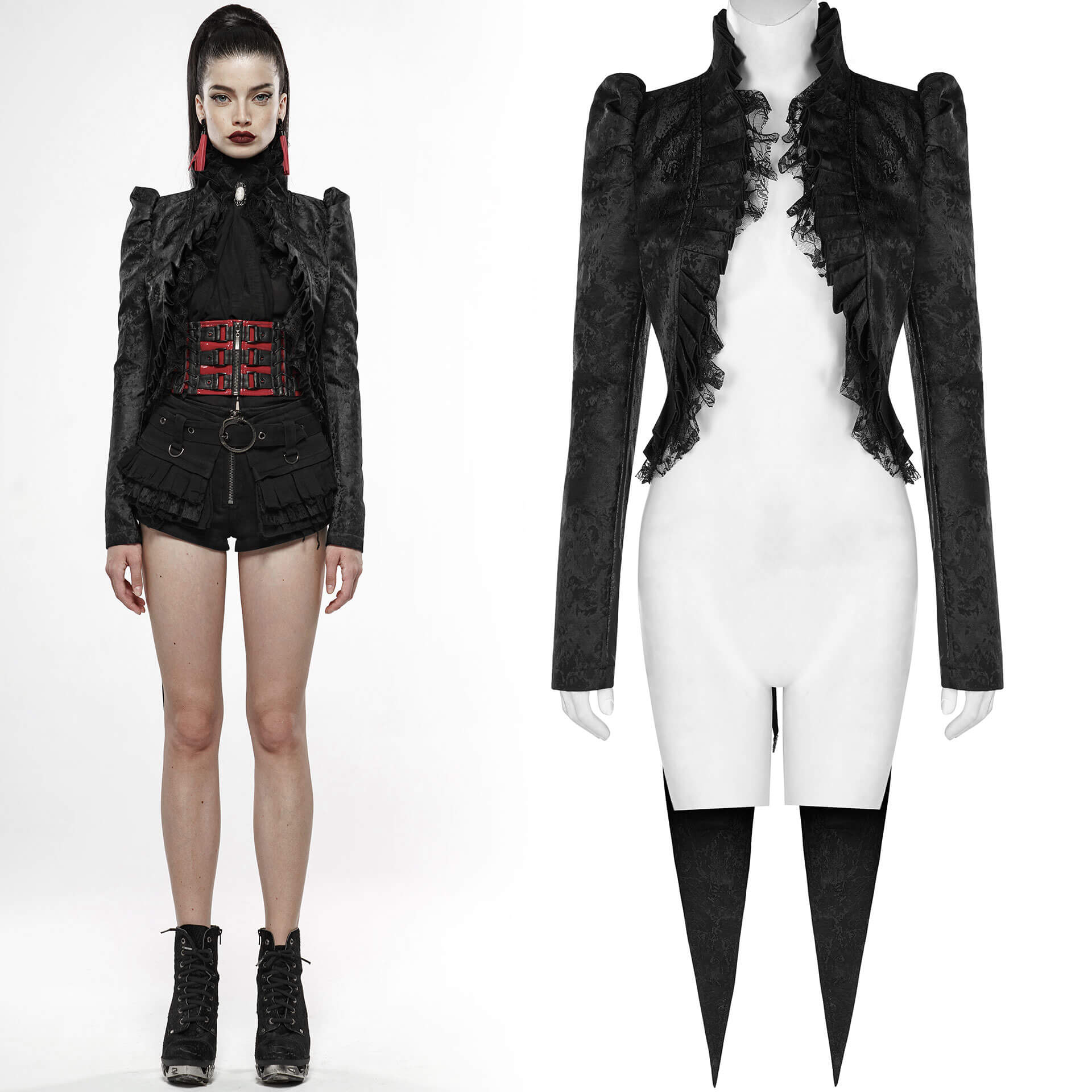 Cabaret goth styled tailcoat, choker, corset, stockings and over-the-knee  boots.