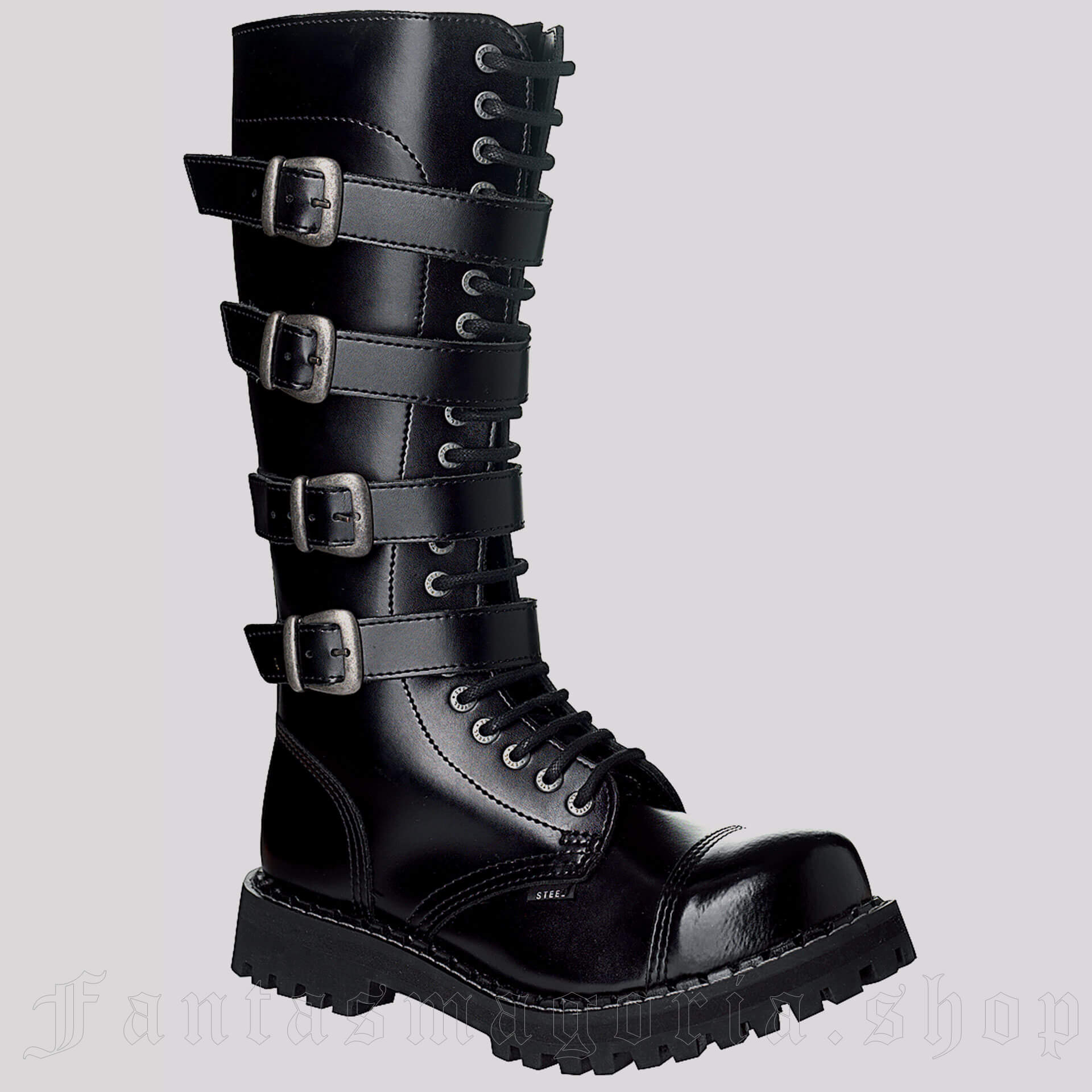 20-Eye Buckled Combat Boots with Zipper Steel 20EYE-BLACK-WITH-BUCKLES-STEEL 1