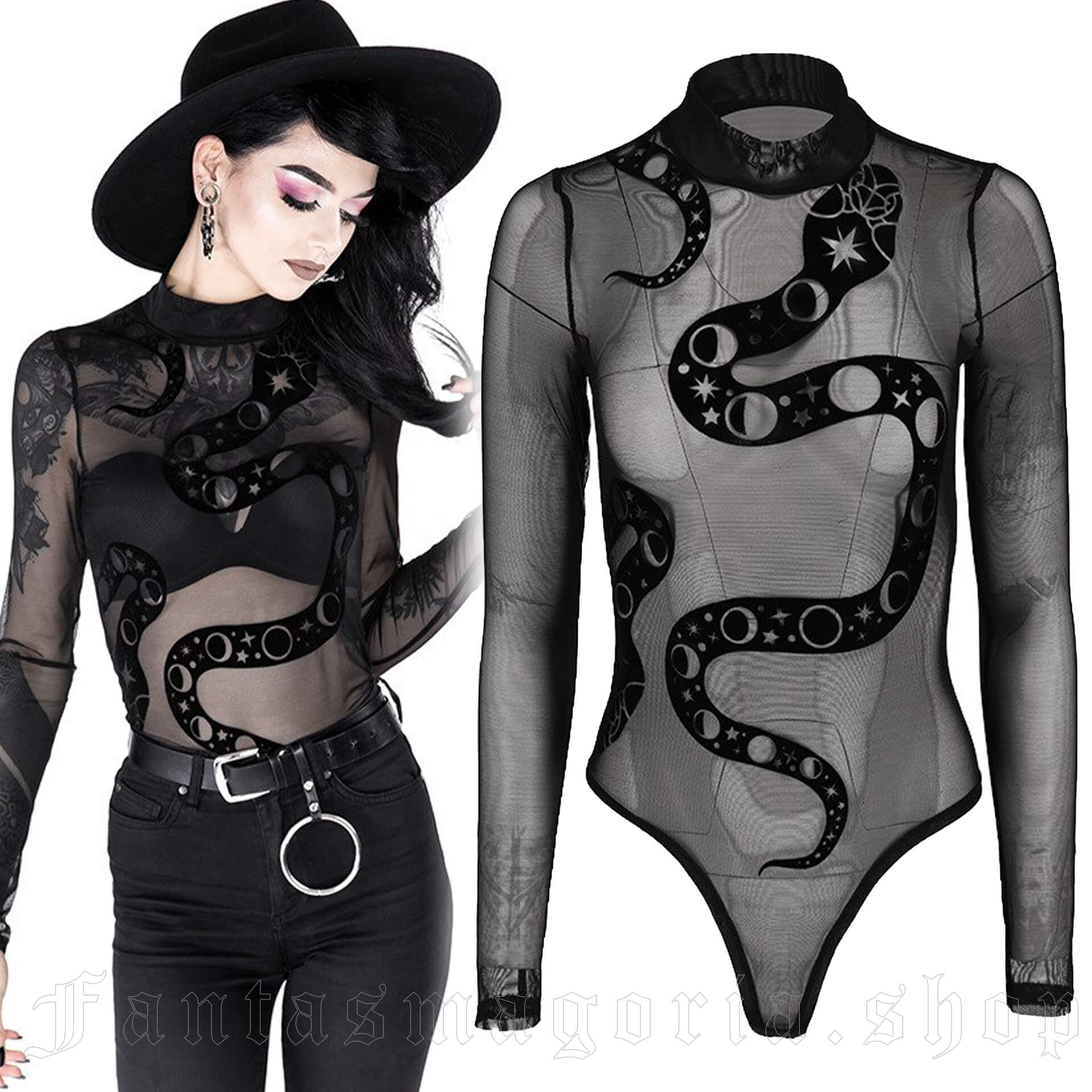 Restyle Black Gothic Snake Mesh Sexy Sheer Serpent Bodysuit
