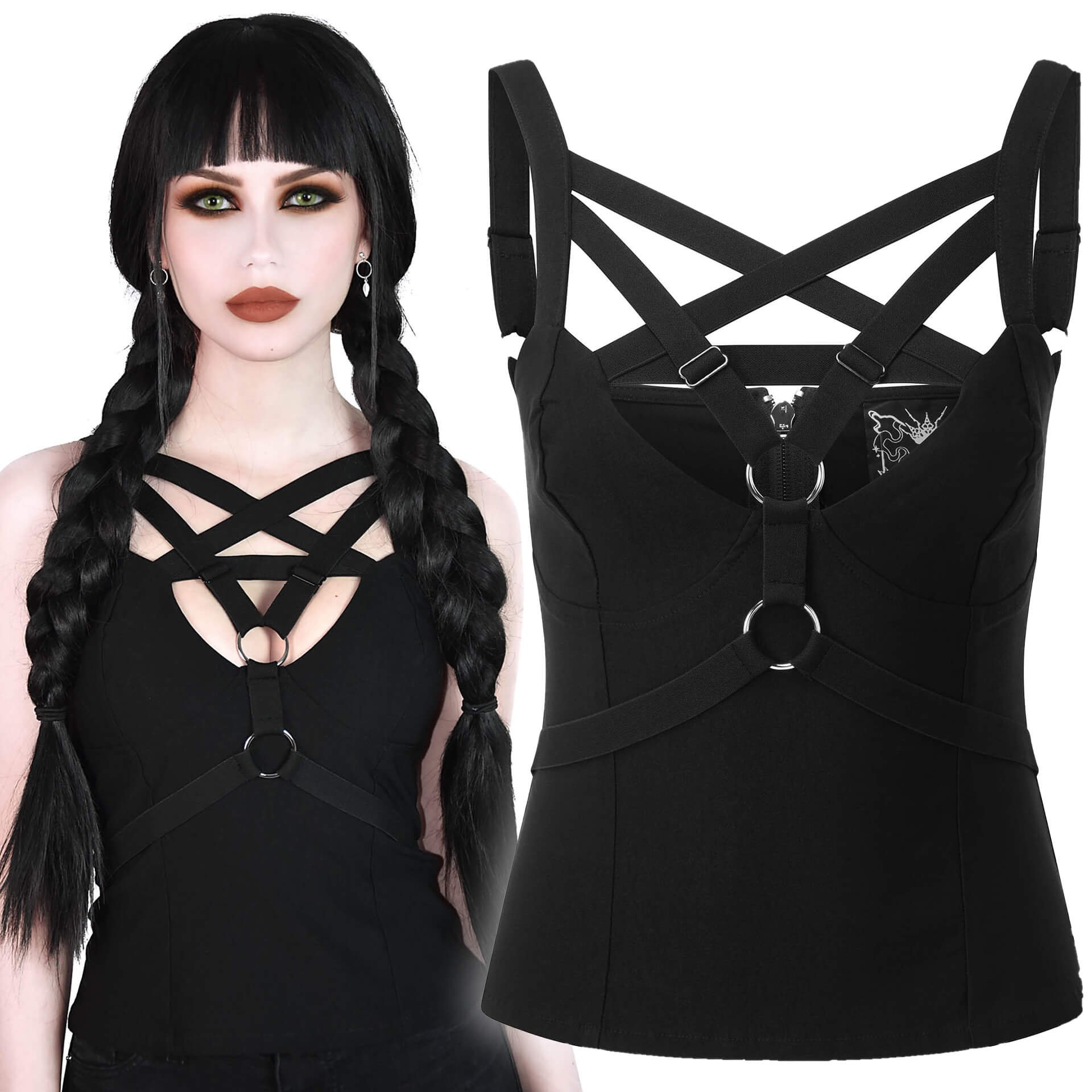 Black, Gothic, sleeveless top with harness details. - Killstar - KSRA001686