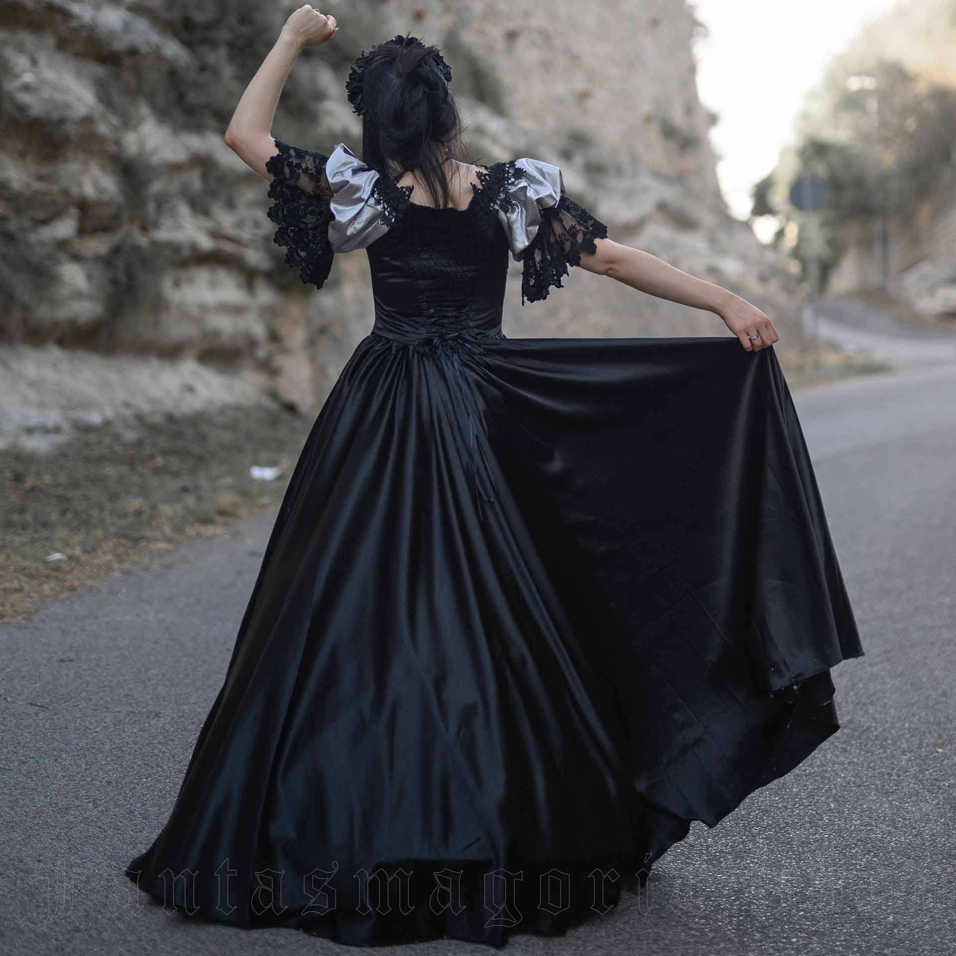 Gothic Vintage Satin Bridal Dress Off The Shoulder Black Ruched Ball Gown  Free Shipping