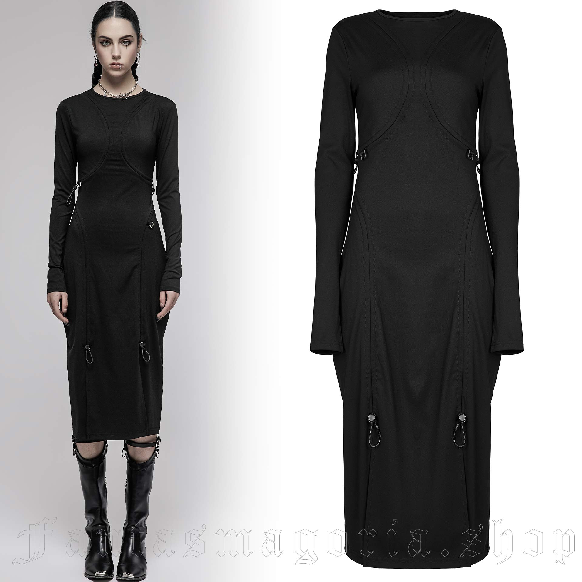 Women`s casual Gothic black midi dress.. Punk Rave OGQ-122.