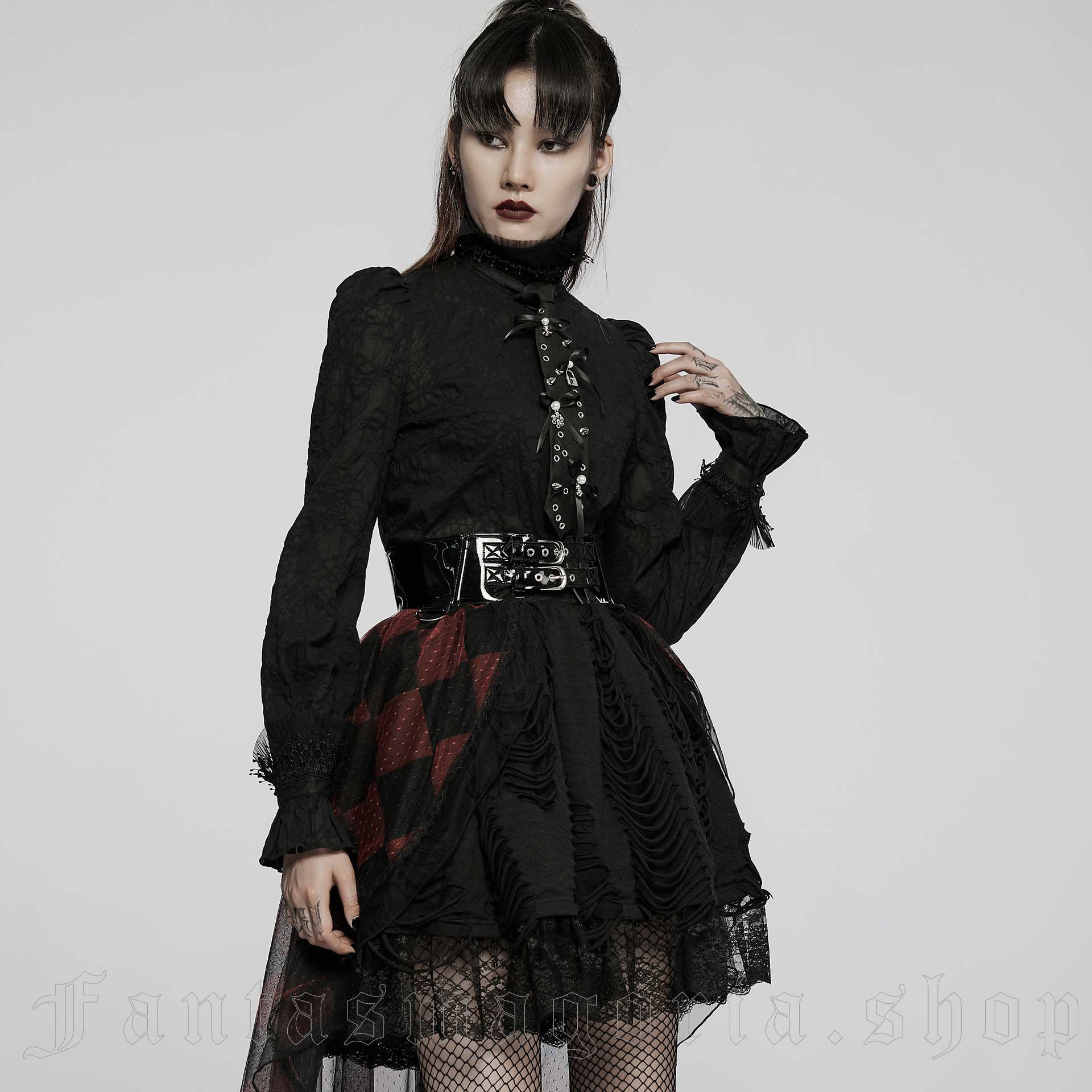 Gothic Techwear Blouse w/ Tie and Silver Accessories