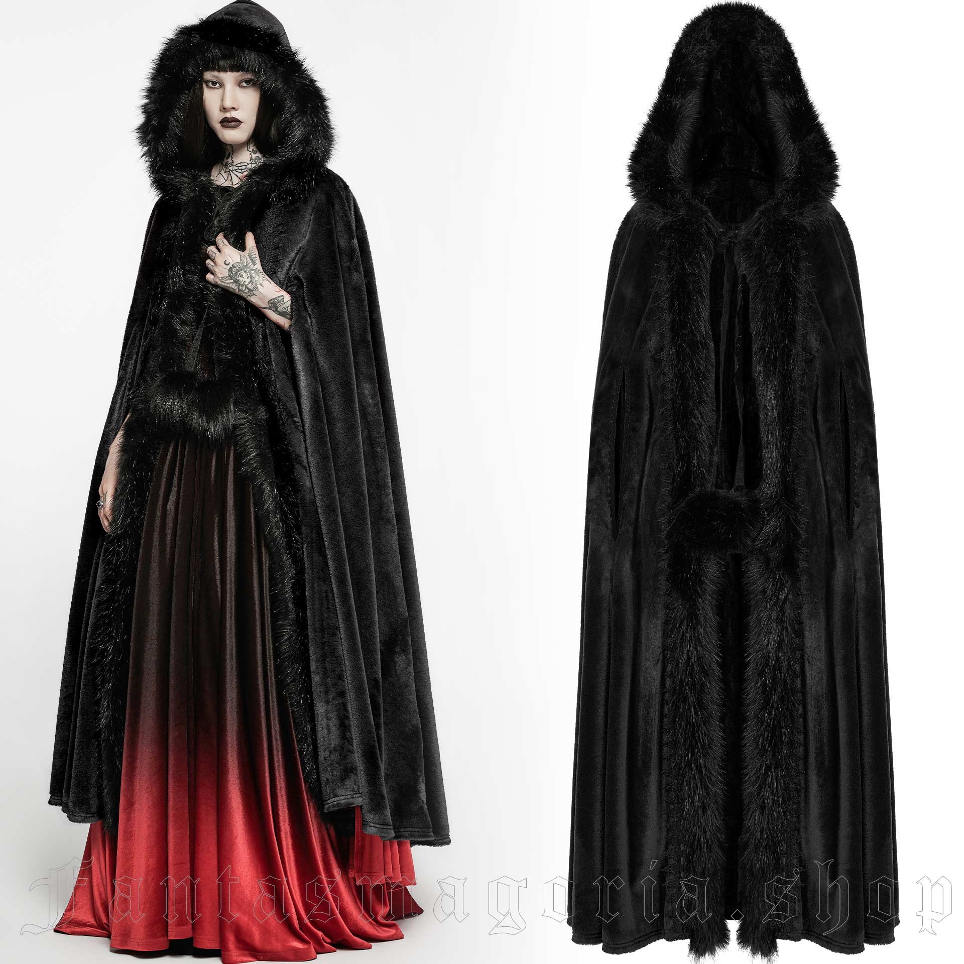 Women`s Victorian Gothic black faux fur cloak with a hood.