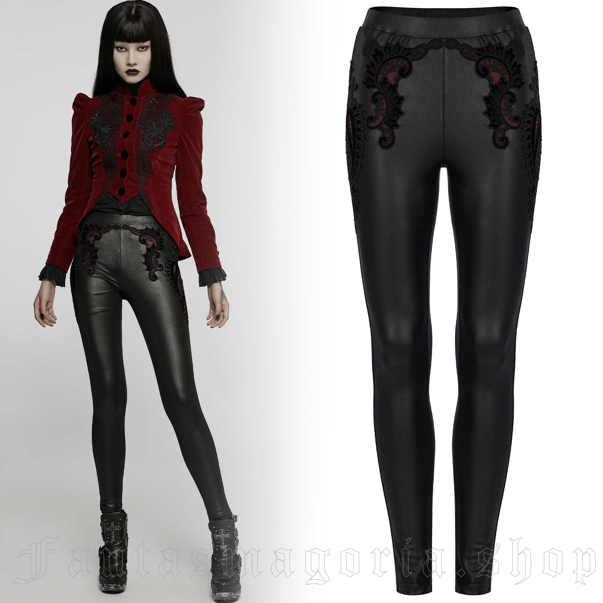 WK-516 Womens Gothic Lace Applique Leggings - Black & Red