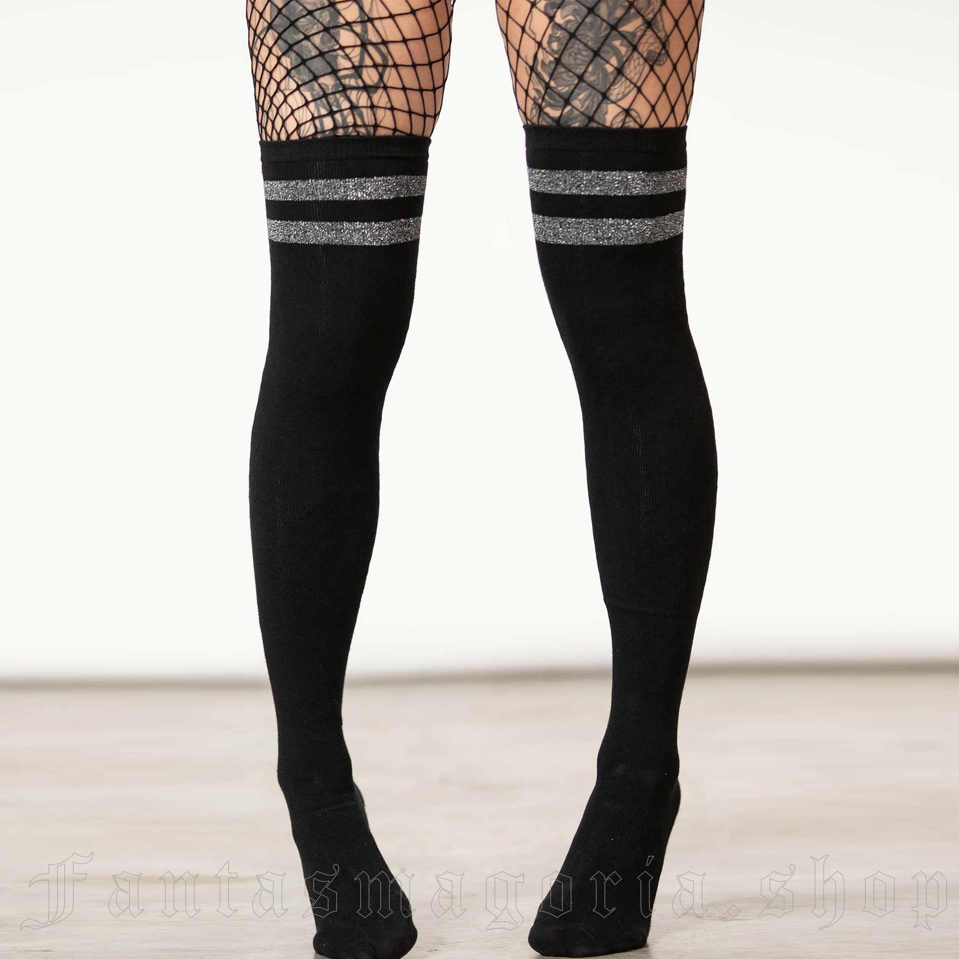 Black over the knee sock with a double silver gray stripes