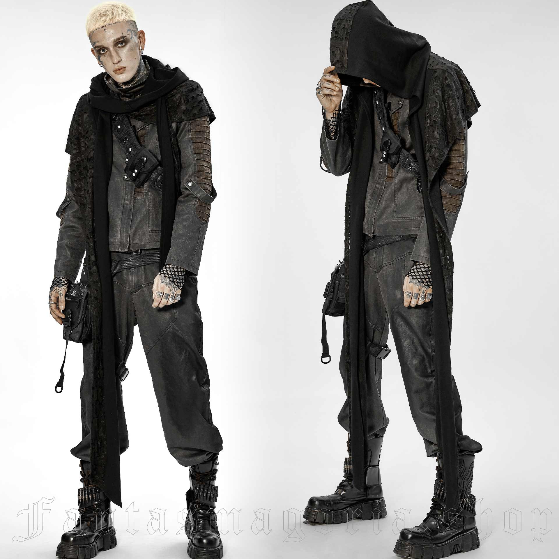 Men Festival Outfit Hooded Black Scarf Hoodie Gothic Cardigan 