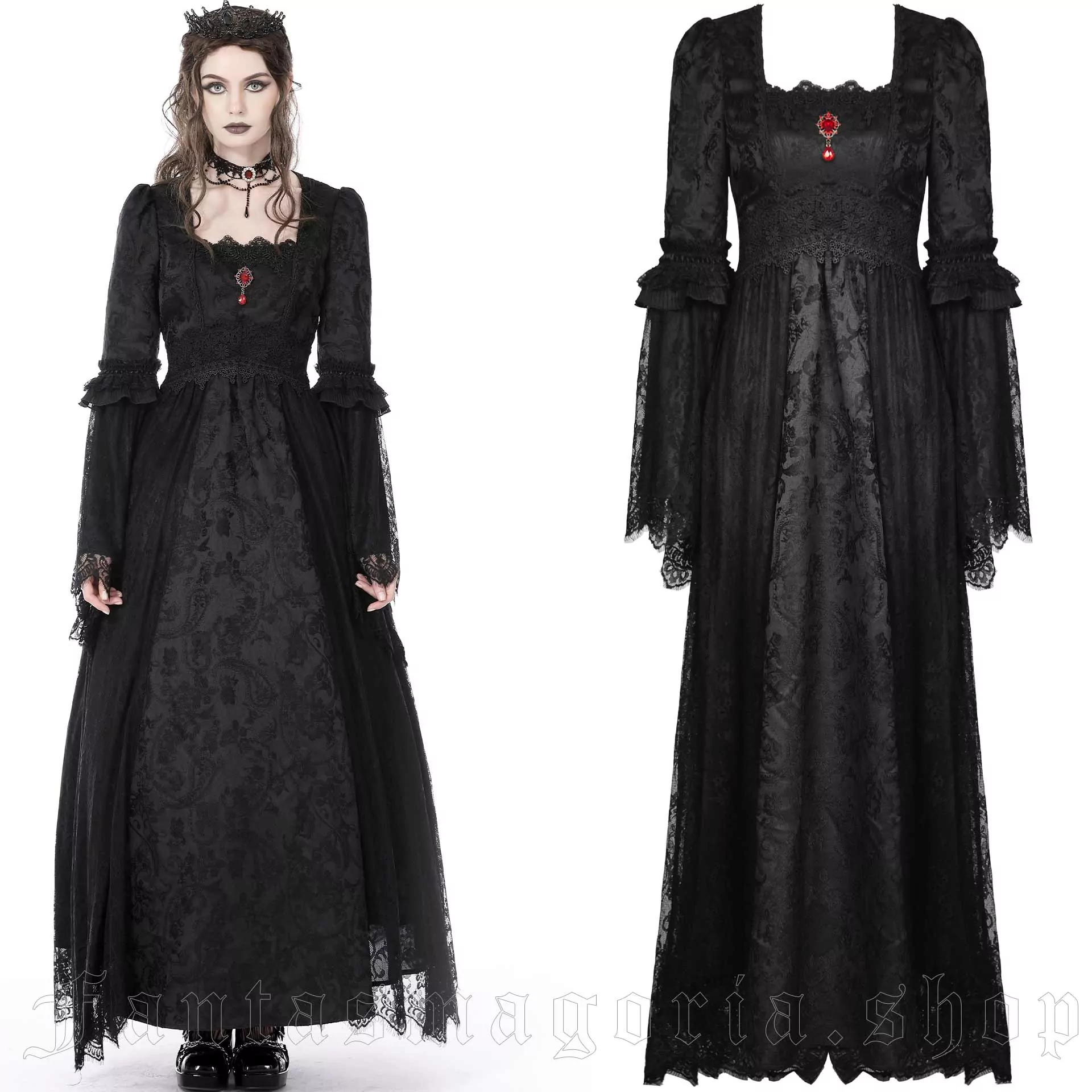 Victorian Gothic long black brocade dress.