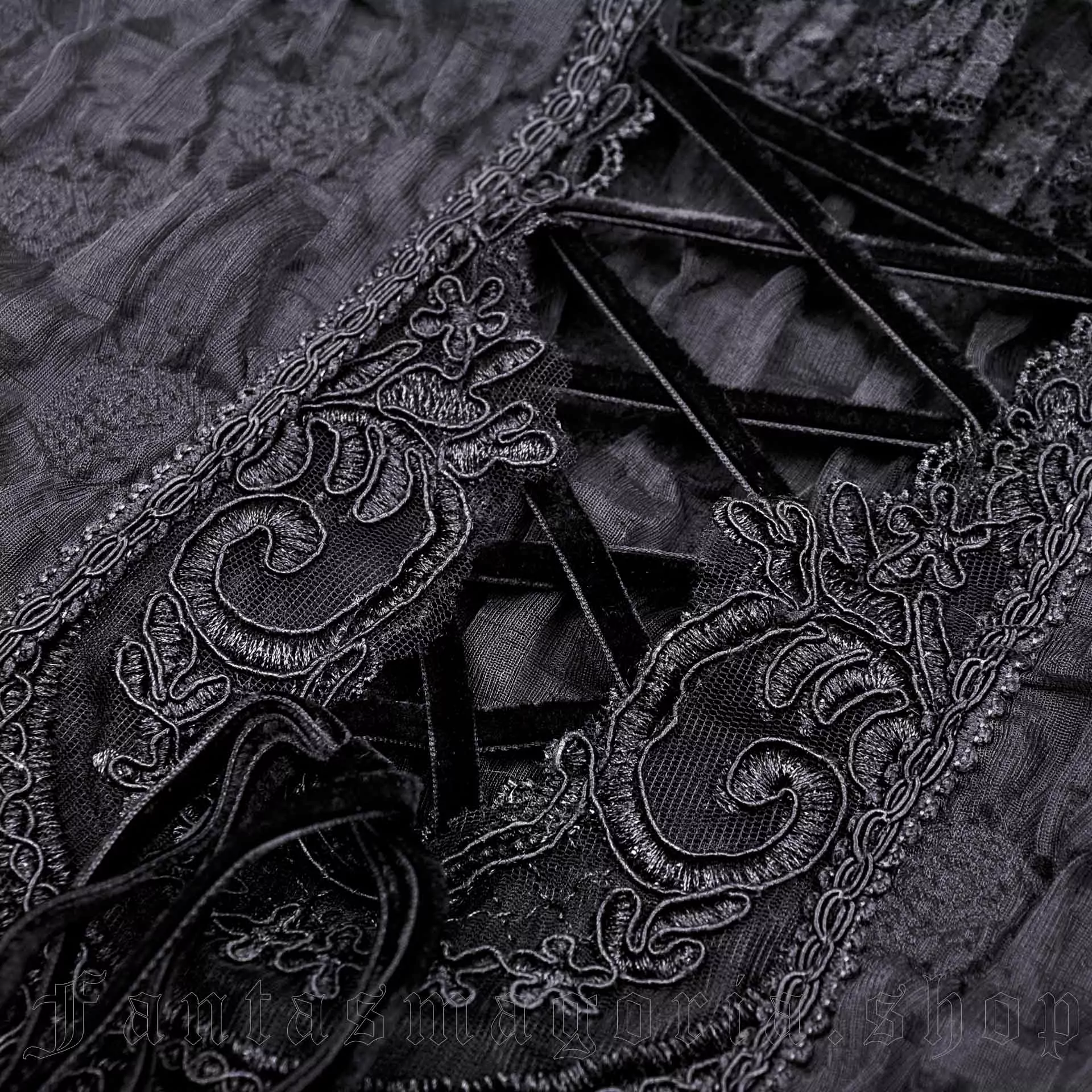 Romantic Gothic black lace high-low hem dress.