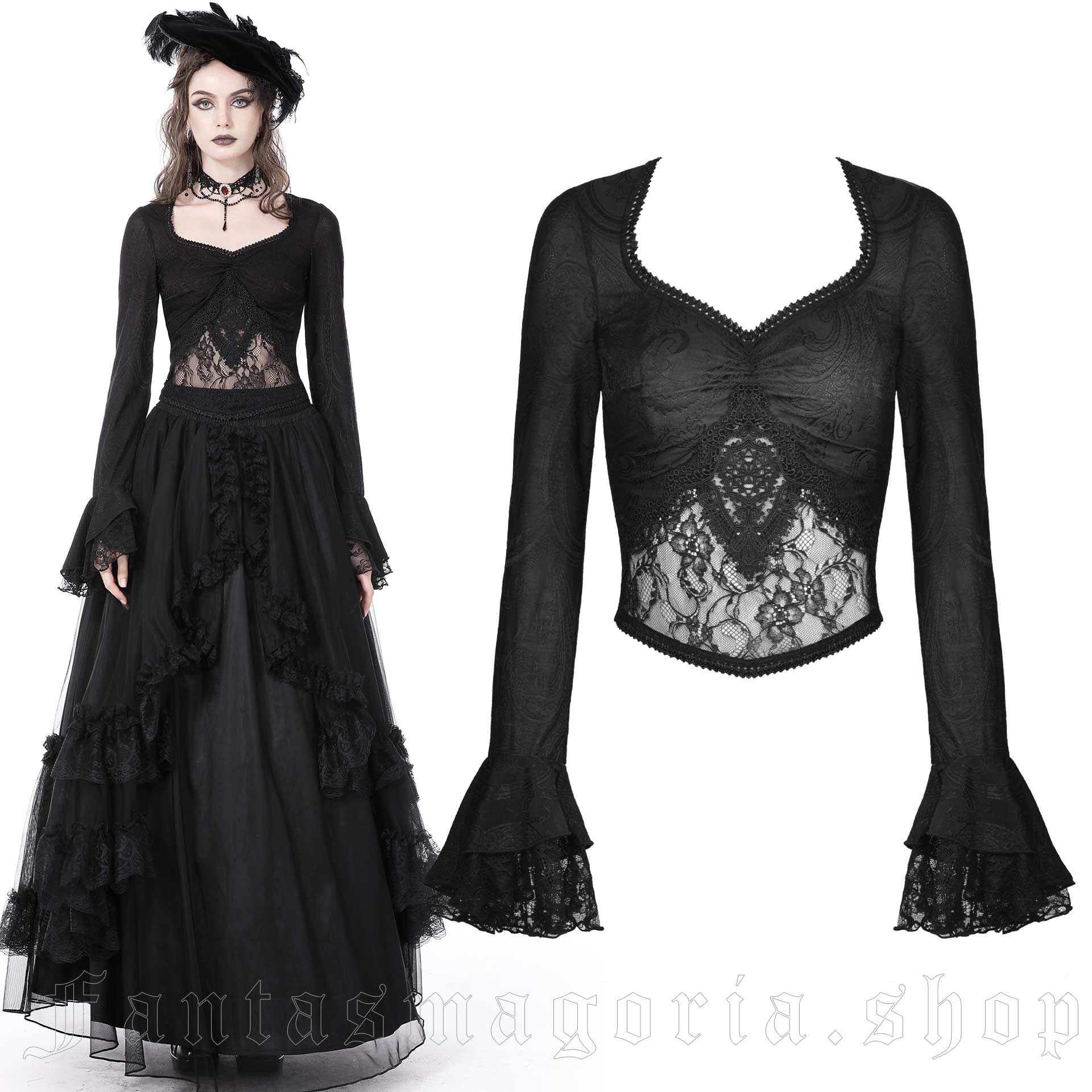 Women`s Romantic Gothic ornate long-sleeve top.. Dark in Love