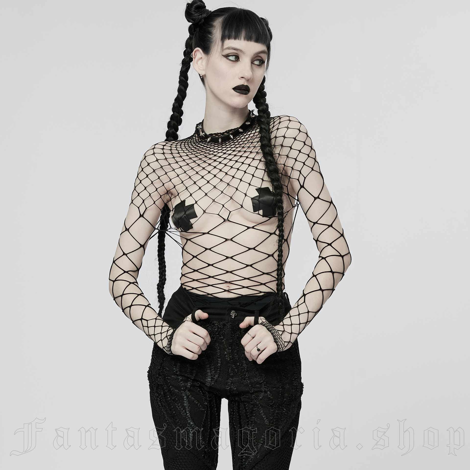 Gothic clubwear black wide mesh bodysuit.