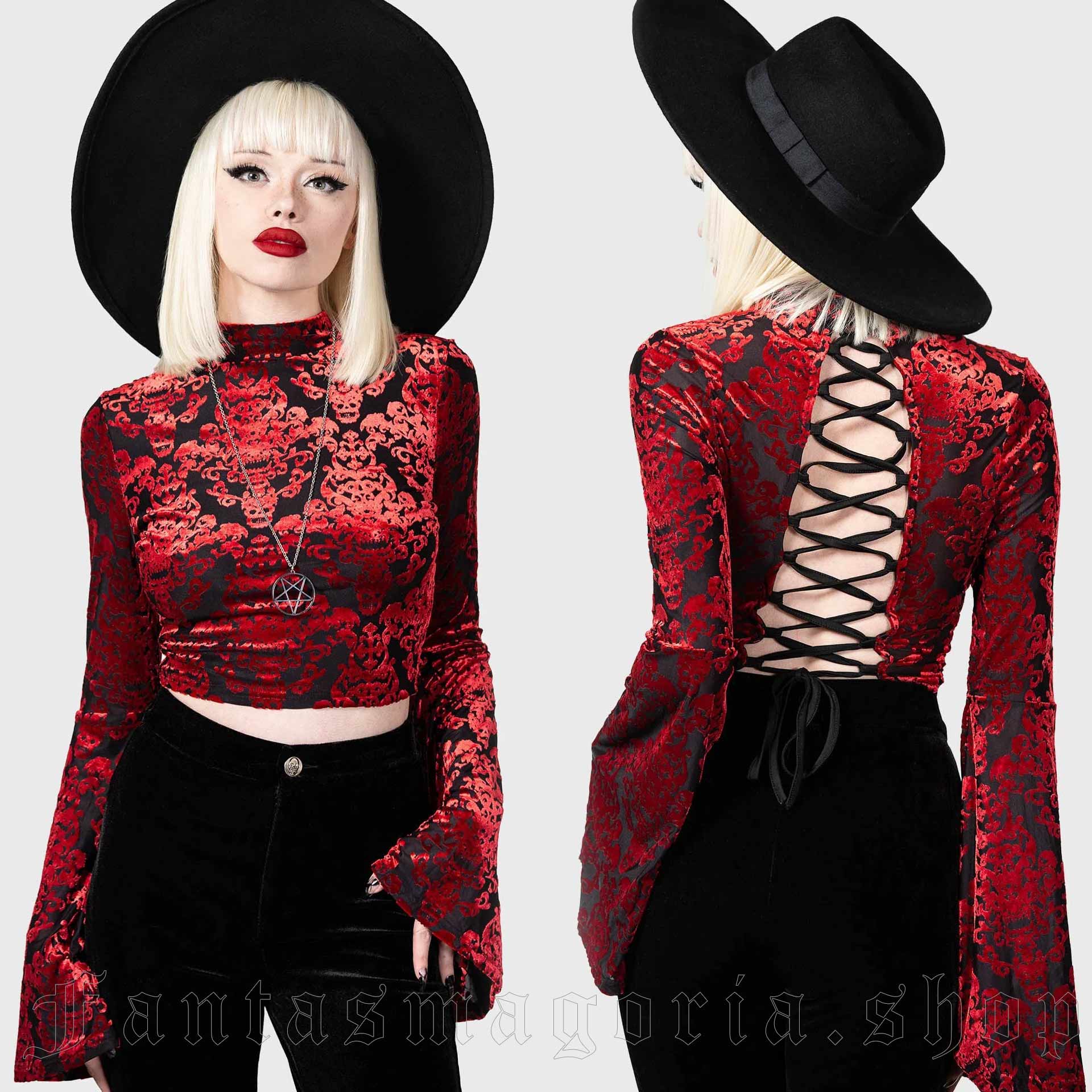 Women's Gothic Romantic red burnout velvet, lace-up back long