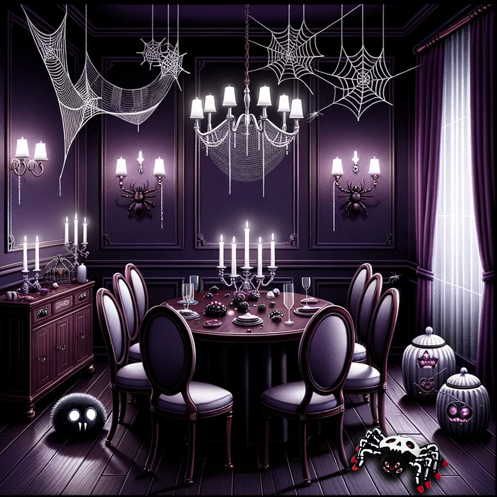 Dark, Black Widow themed Gothic Halloween Room Decor with Spiders
