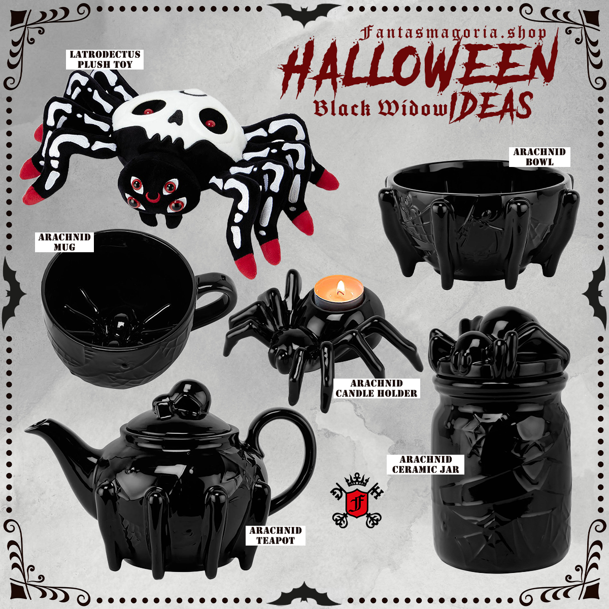 A collage showcasing Fantasmagoria's Halloween Black Widow-themed interior decoration items.