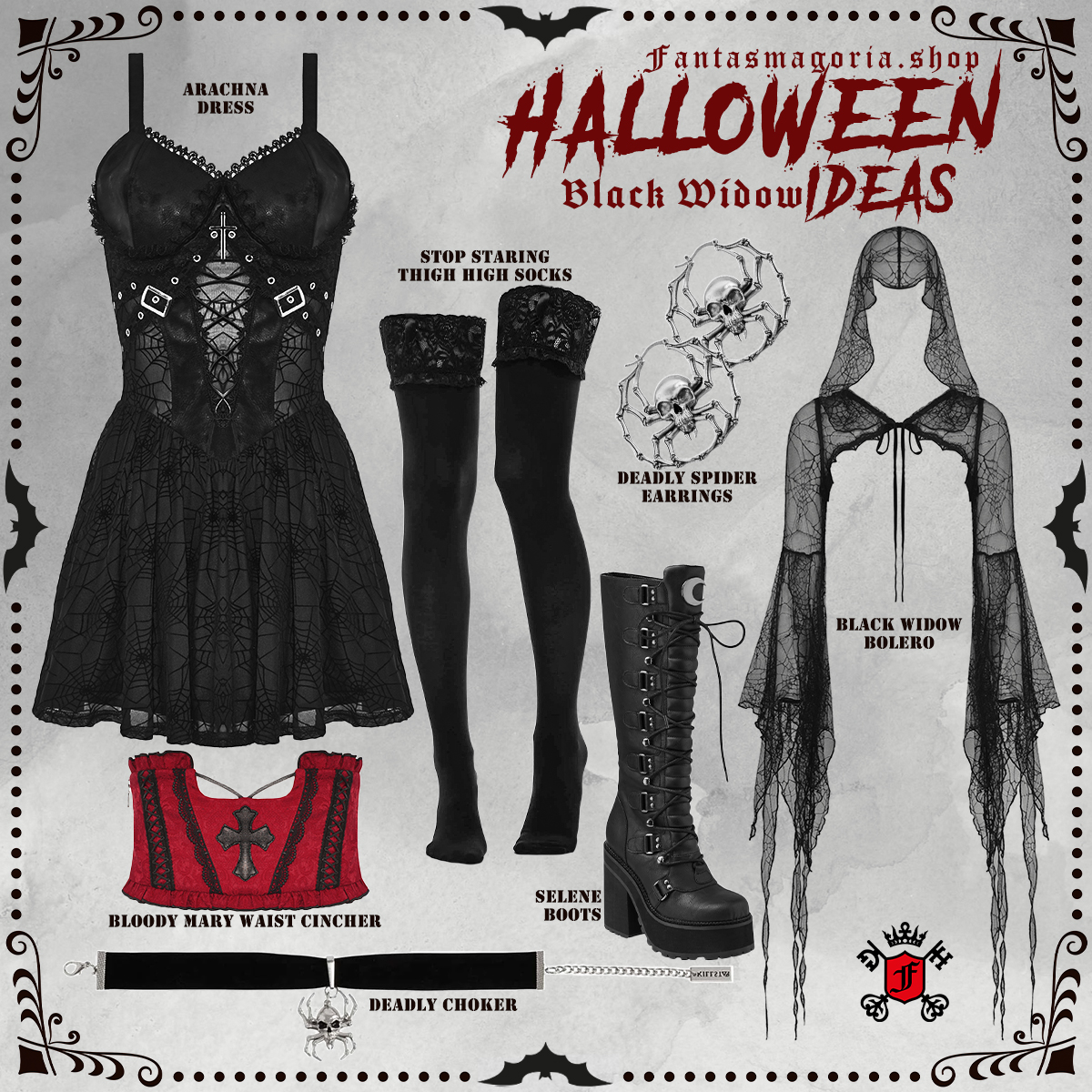 Promotional image showcasing Fantasmagoria's Halloween Black Widow fashion collection