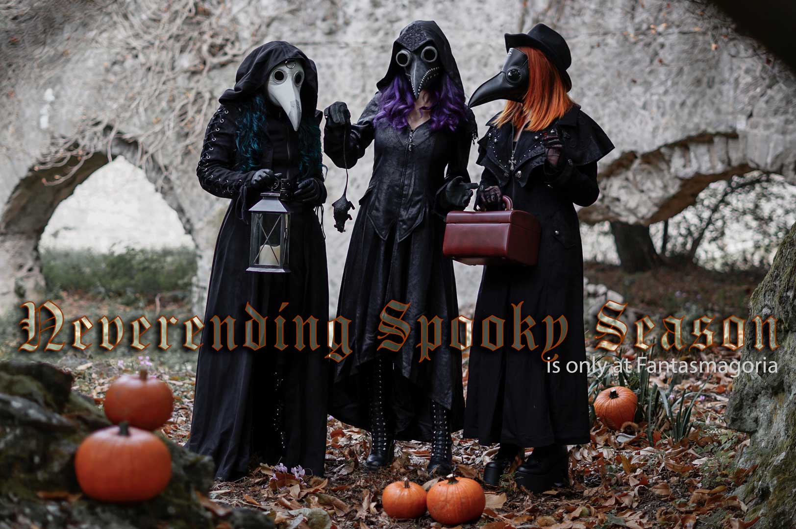 Three Ladies in the Plague Doctor Masks and Gothic Coats from Fantasmagoria shop