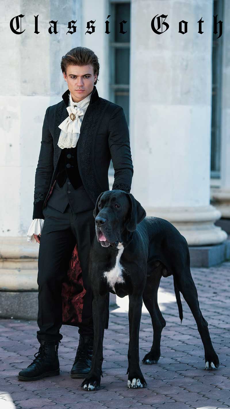 Photo of a classy Gothic man and a black dog. Photo by Maya Maksimova. full outfit is from Fantasmagoria store