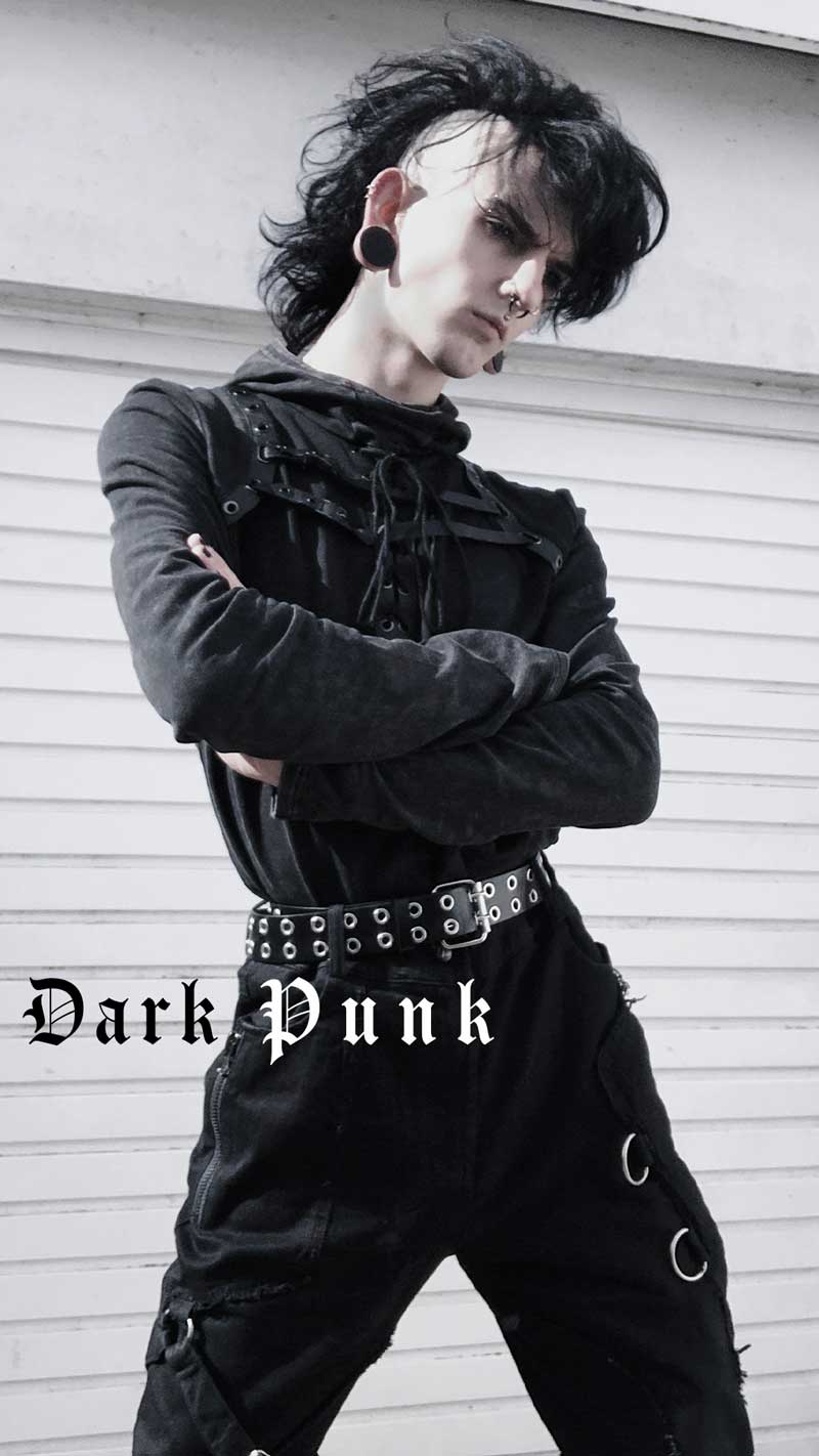 Dark Punk style man with a mohawk is wearing a Punk Gothic outfit from the Fantasmagoria collection.
