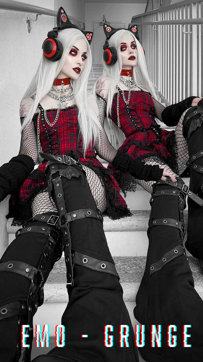 Photo of a Soft Grunge & Emo Punk style twin girls wearing the red tartan dresses and legwarmers from Fantasmagoria shop.