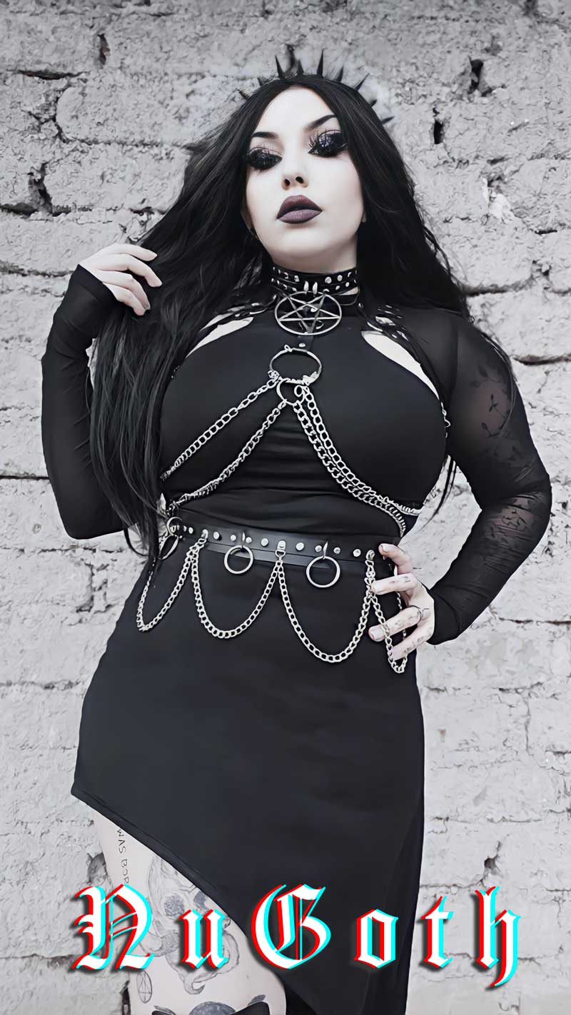 Photo of a young Gothic lady wearing a NuGoth style dress and accessories from Fantasmagoria.