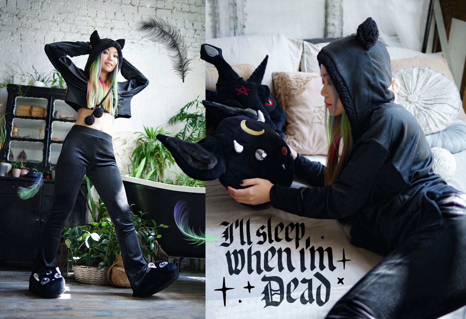 cozy homewear set with wolf ears and vampire bat cushion
