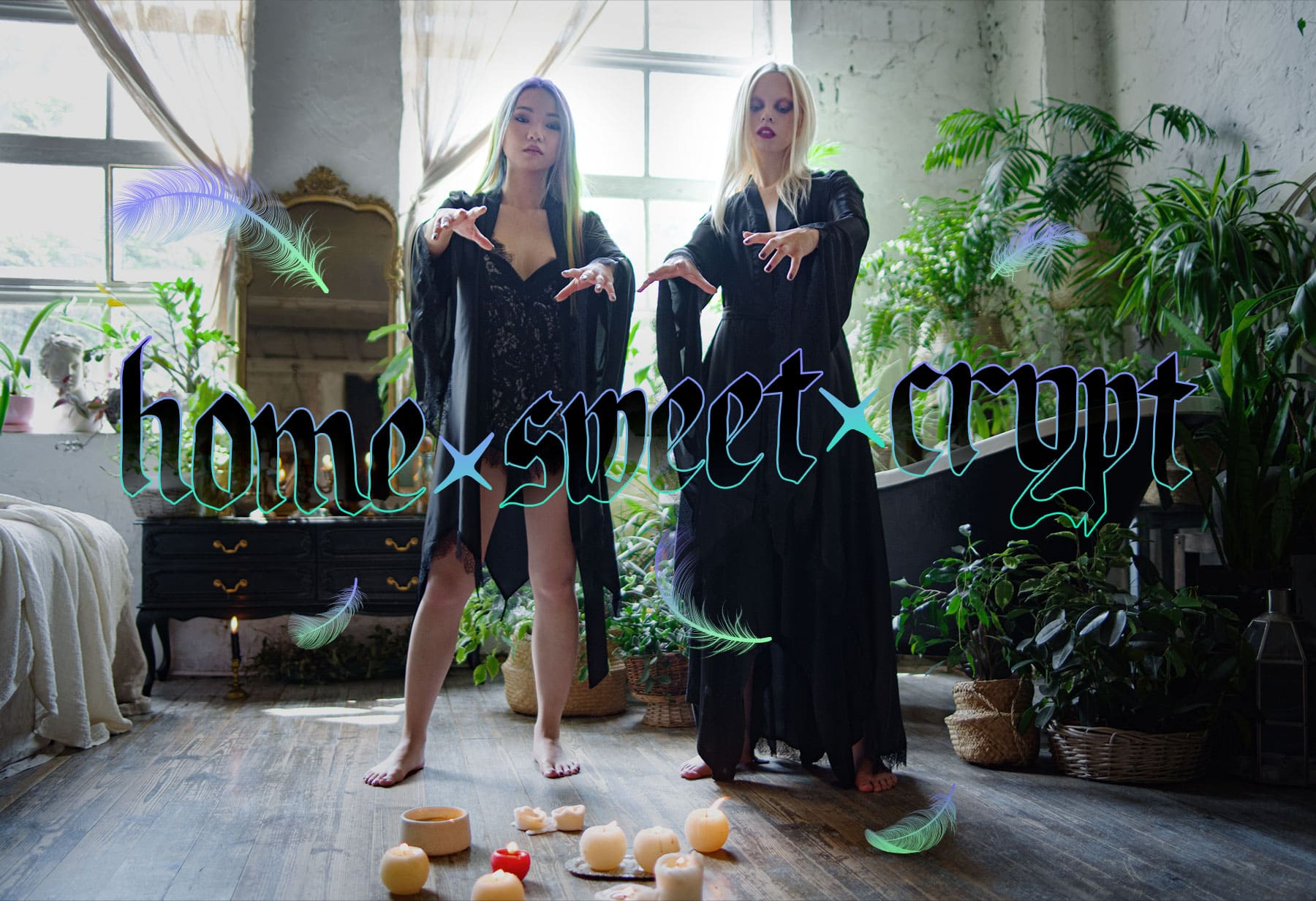 gothic dark homewear and loungerwear sets with long robe and satin pyjamas