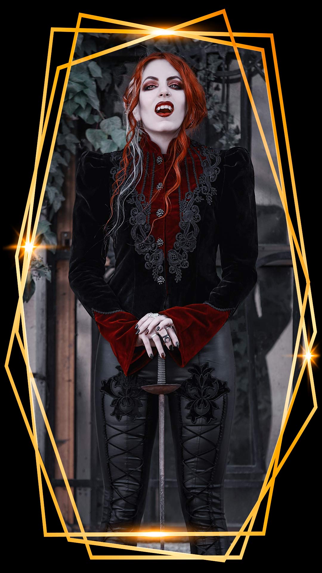Fantasmagoria’s vampire customer dressed in a Royal Victorian Gothic style