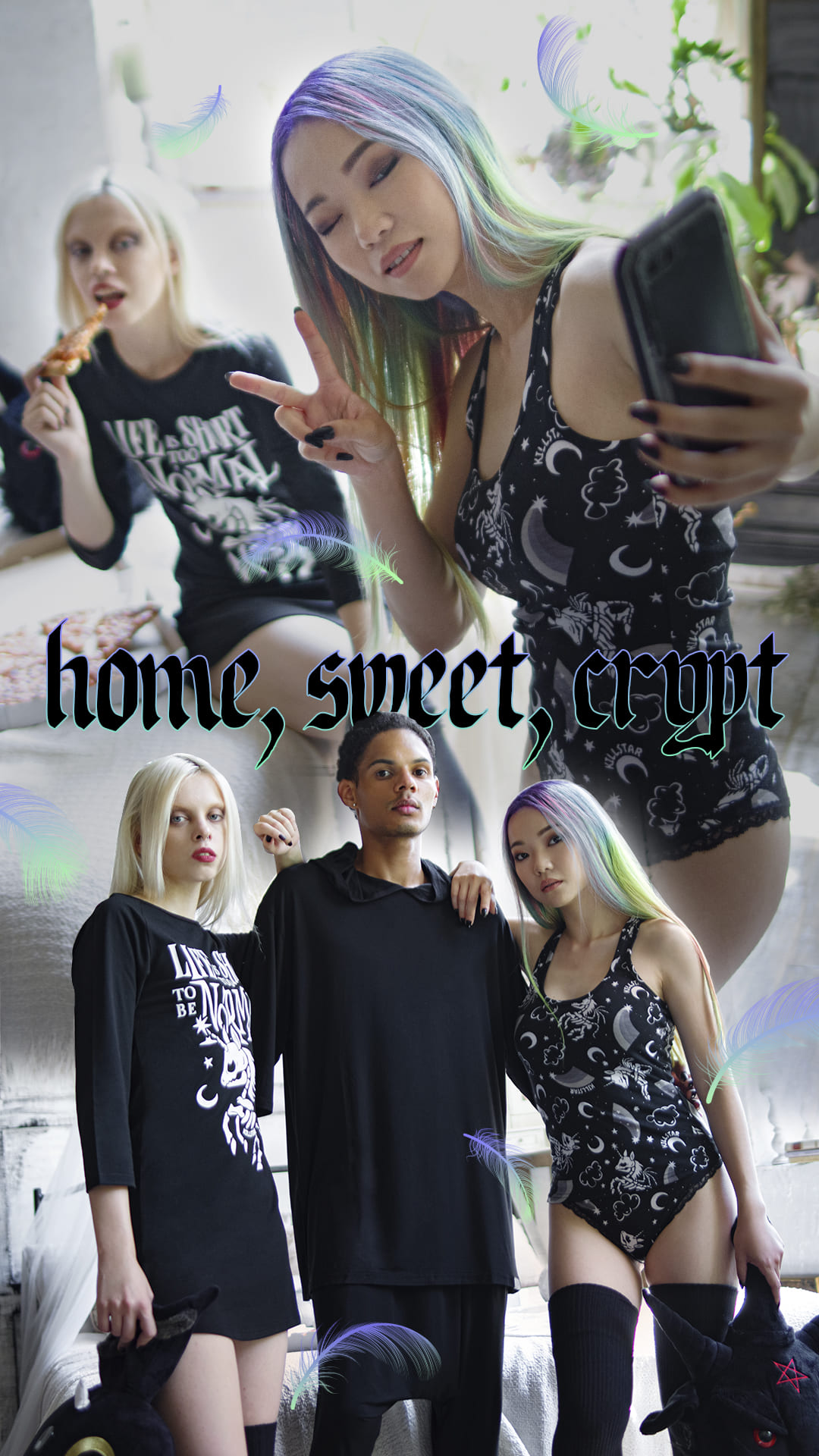 black homewear sets with printed pattern and slogan from killstar