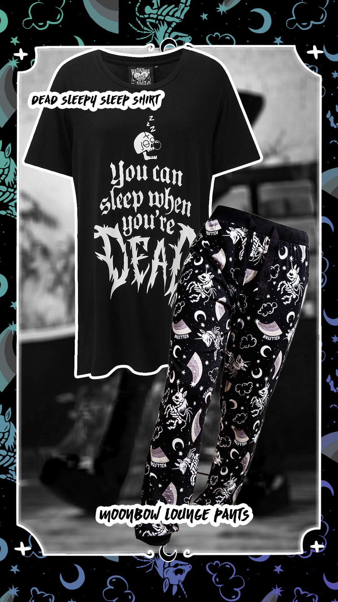black oversized pyjamas set skull unicorns decor