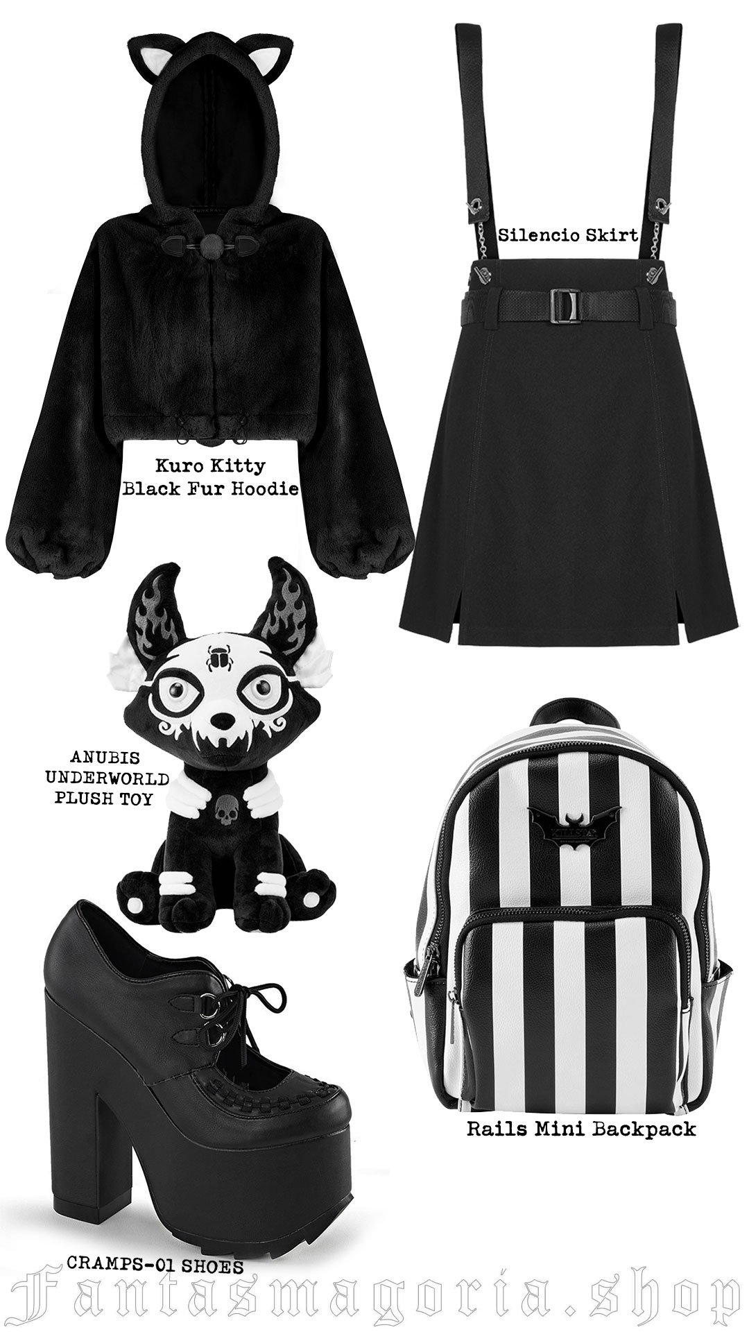 black and white alternative combo outfit with plush toy