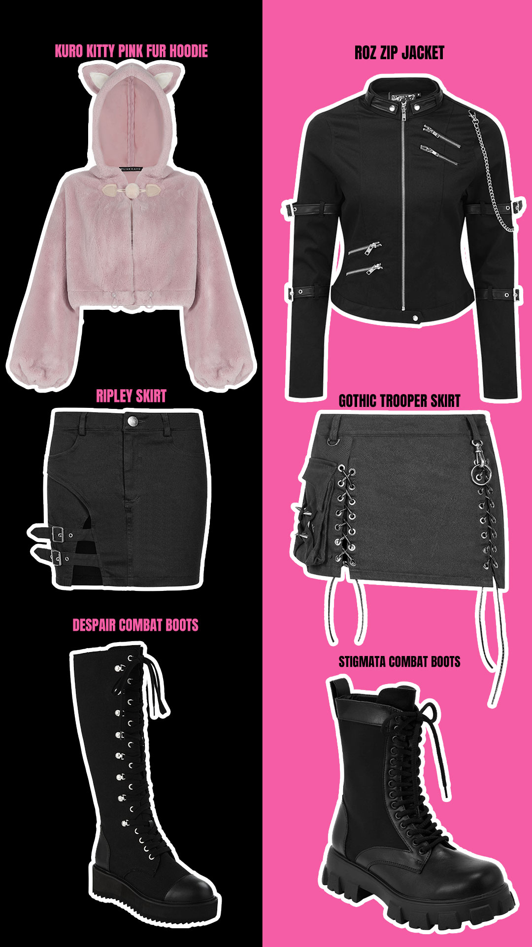 two opposites of styles one is cute pink and the other black dark fit